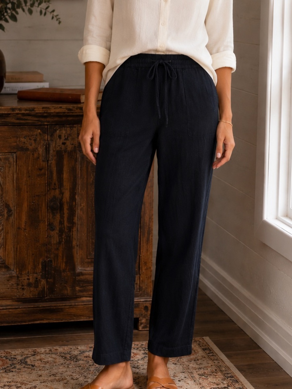 Old Navy Billie Straight-Leg High Blue Chambray Waisted Drawstring Travel Pants